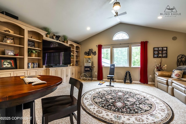 17237 E Smith Rd, Palmer, AK 99645 - carpeted home office with ceiling fan, lofted ceiling, and recessed lighting