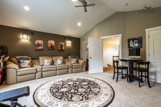 17237 E Smith Rd, Palmer, AK 99645 - living area featuring carpet floors, ceiling fan, recessed lighting, and high vaulted ceiling