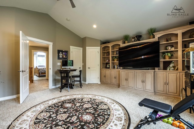 17237 E Smith Rd, Palmer, AK 99645 - living area featuring light carpet, vaulted ceiling, a ceiling fan, recessed lighting, and an office area