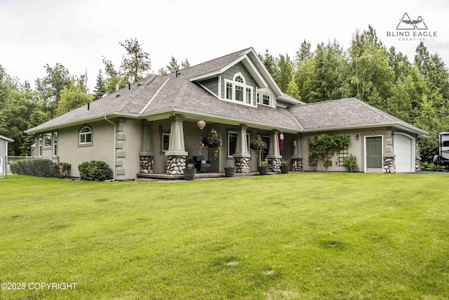 17237 E Smith Rd, Palmer, AK 99645 - view of front of house featuring stucco siding, a front lawn, a garage, covered porch, and a shingled roof