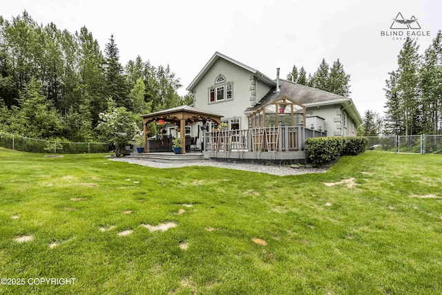 17237 E Smith Rd, Palmer, AK 99645 - back of house with a gazebo, a wooden deck, and stucco siding