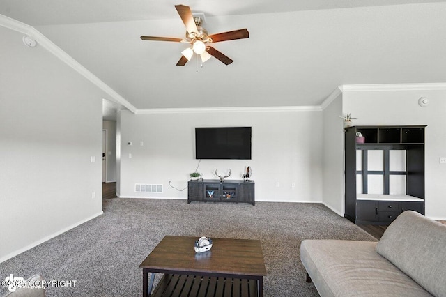 3098 N Lazy Aurora Cir, Palmer, AK 99645 - living area featuring a ceiling fan, carpet flooring, vaulted ceiling, and crown molding