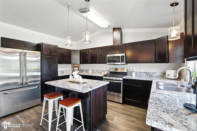 3098 N Lazy Aurora Cir, Palmer, AK 99645 - kitchen with stainless steel appliances, a kitchen island, dark brown cabinetry, a kitchen bar, and ornamental molding