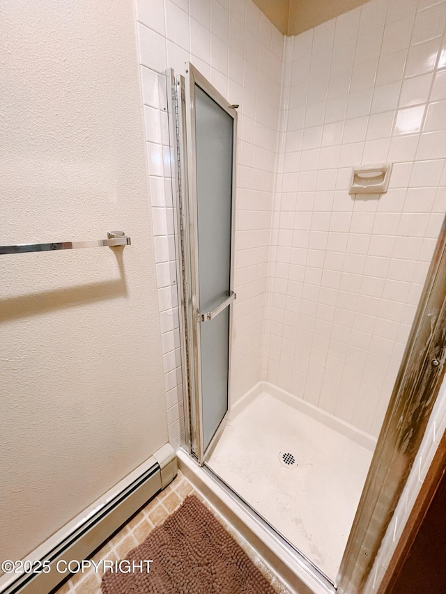 505 Unimak St, Petersburg, AK 99833 - full bath featuring a baseboard radiator, a shower stall, and tile patterned floors