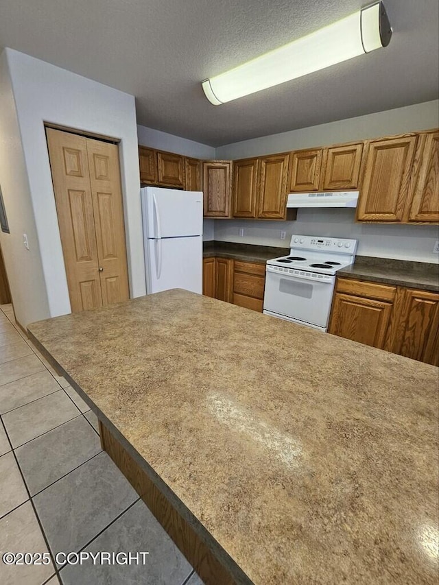 408 Eadies Way, Kenai, AK 99611 - kitchen with white appliances, under cabinet range hood, light tile patterned floors, brown cabinets, and dark countertops