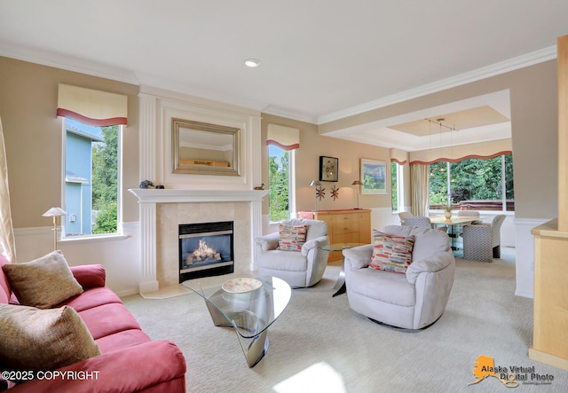 3931 Moonstar Cir, Anchorage, AK 99516 - carpeted living room with crown molding and a fireplace