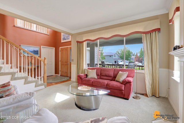 3931 Moonstar Cir, Anchorage, AK 99516 - carpeted living area featuring crown molding and stairway