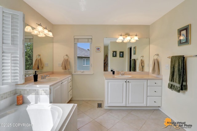 3931 Moonstar Cir, Anchorage, AK 99516 - full bath with healthy amount of natural light, two vanities, a bath, and tile patterned floors