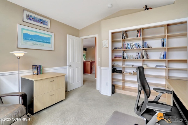 3931 Moonstar Cir, Anchorage, AK 99516 - office space featuring vaulted ceiling, light colored carpet, and wainscoting
