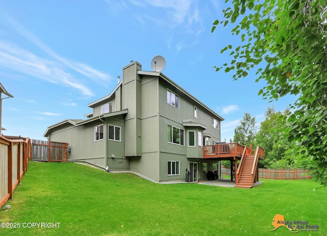 3931 Moonstar Cir, Anchorage, AK 99516 - back of house featuring stairs, a fenced backyard, a deck, and a patio area