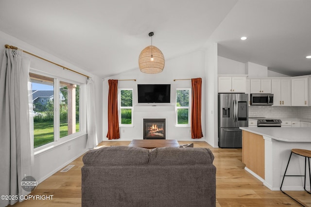 1460 E Esty Dr, Palmer, AK 99645 - living area featuring vaulted ceiling, a glass covered fireplace, light wood-style floors, and recessed lighting