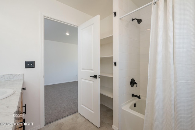 1460 E Esty Dr, Palmer, AK 99645 - bathroom featuring shower / bath combination with curtain, vanity, and recessed lighting