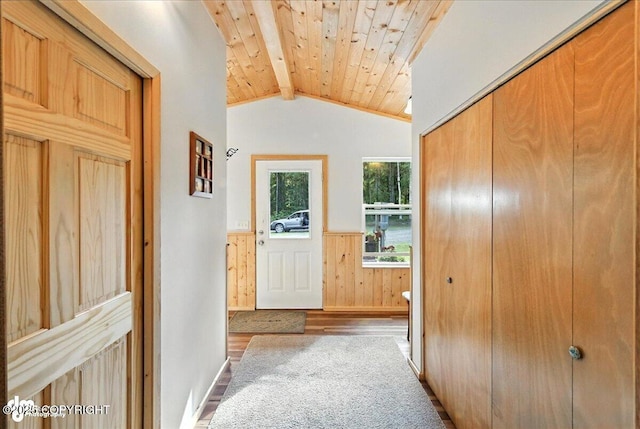 18095 Langille Rd, Cooper Landing, AK 99572 - hall featuring wainscoting, wood finished floors, wood ceiling, and wooden walls