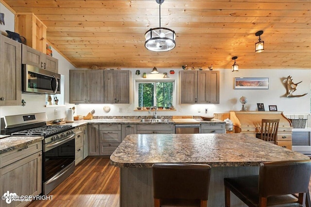 18095 Langille Rd, Cooper Landing, AK 99572 - kitchen with stainless steel appliances, wood ceiling, dark wood-style flooring, pendant lighting, and a kitchen island