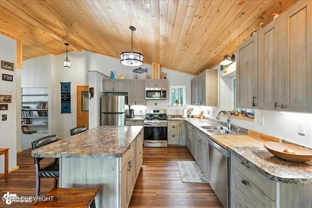 18095 Langille Rd, Cooper Landing, AK 99572 - kitchen with appliances with stainless steel finishes, vaulted ceiling, dark wood-style floors, a kitchen bar, and wood ceiling