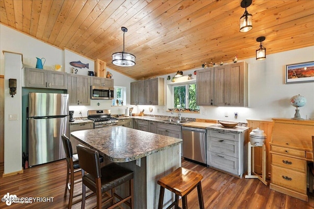 18095 Langille Rd, Cooper Landing, AK 99572 - kitchen with appliances with stainless steel finishes, vaulted ceiling, wooden ceiling, dark wood finished floors, and a kitchen bar