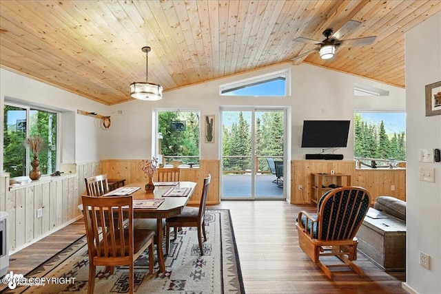 18095 Langille Rd, Cooper Landing, AK 99572 - dining area featuring a wainscoted wall, hardwood / wood-style flooring, wood ceiling, wood walls, and ceiling fan