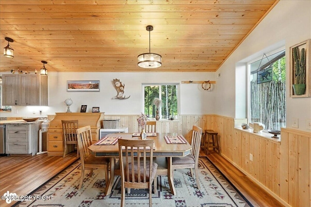 18095 Langille Rd, Cooper Landing, AK 99572 - dining room with a wainscoted wall, light wood-type flooring, wood ceiling, wood walls, and lofted ceiling