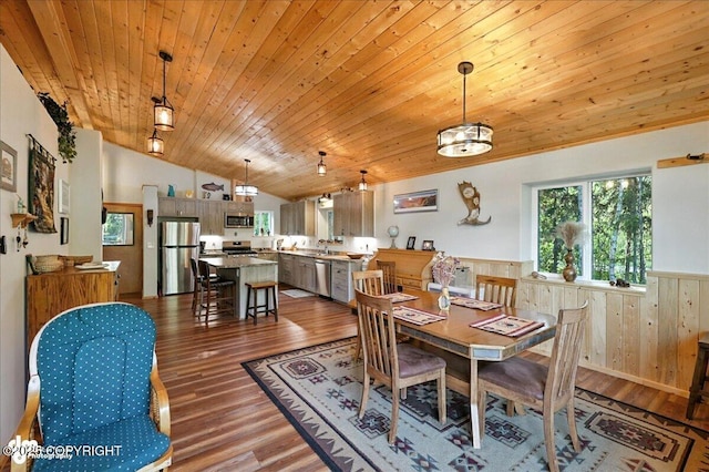 18095 Langille Rd, Cooper Landing, AK 99572 - dining room with a wainscoted wall, lofted ceiling, wood ceiling, wood finished floors, and wood walls