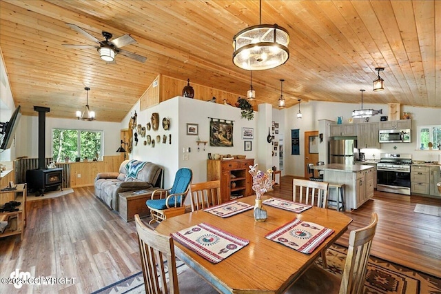 18095 Langille Rd, Cooper Landing, AK 99572 - dining space featuring lofted ceiling, wooden ceiling, ceiling fan, wood finished floors, and a wood stove