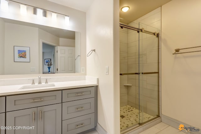 7862 Spruce St Unit 7B, Anchorage, AK 99507 - bathroom featuring a shower stall, vanity, and tile patterned flooring