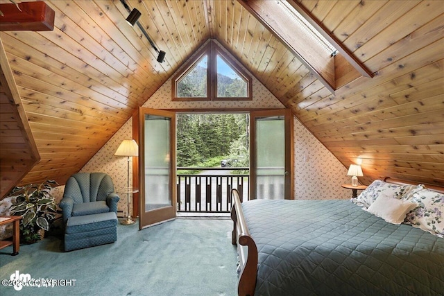 311 Alpine Meadows Ave, Girdwood, AK 99587 - carpeted bedroom with access to exterior, wallpapered walls, vaulted ceiling, and wooden ceiling