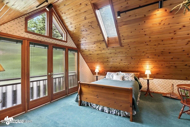 311 Alpine Meadows Ave, Girdwood, AK 99587 - bedroom featuring wallpapered walls, wood ceiling, carpet floors, lofted ceiling, and access to outside