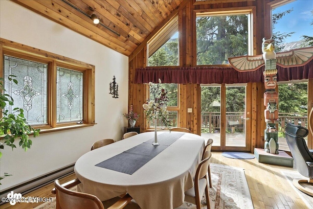 311 Alpine Meadows Ave, Girdwood, AK 99587 - dining room featuring a baseboard radiator, healthy amount of natural light, hardwood / wood-style floors, wooden ceiling, and high vaulted ceiling