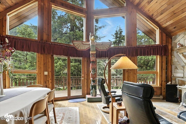 311 Alpine Meadows Ave, Girdwood, AK 99587 - home office with high vaulted ceiling, hardwood / wood-style floors, healthy amount of natural light, wood walls, and wood ceiling