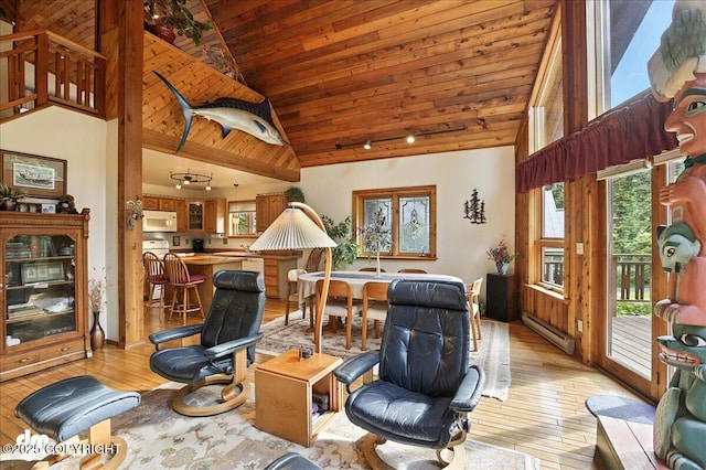 311 Alpine Meadows Ave, Girdwood, AK 99587 - office area featuring light wood-style floors, baseboard heating, wood ceiling, and high vaulted ceiling