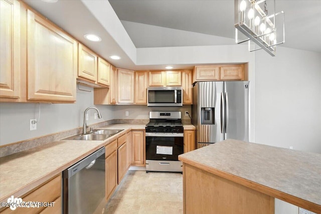 5612 E Beaver Ave, Wasilla, AK 99654 - kitchen featuring appliances with stainless steel finishes, light brown cabinets, recessed lighting, light countertops, and decorative light fixtures