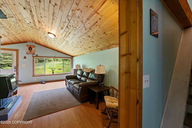 40996 Woodman Ln, Homer, AK 99603 - living room with vaulted ceiling, light wood-style flooring, a wood stove, and wooden ceiling
