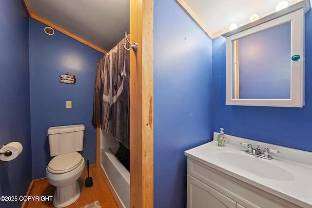 40996 Woodman Ln, Homer, AK 99603 - bathroom featuring wood finished floors, vanity, lofted ceiling, and shower / bath combo
