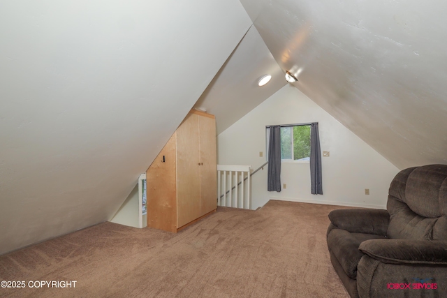 20057 E Caswell Lakes Rd, Willow, AK 99688 - living area with an upstairs landing, light carpet, and vaulted ceiling