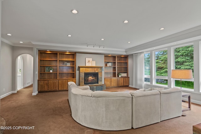 1103 Inlet Woods Dr, Kenai, AK 99611 - living area with ornamental molding, a warm lit fireplace, carpet floors, recessed lighting, and arched walkways