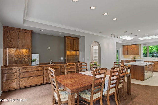 1103 Inlet Woods Dr, Kenai, AK 99611 - dining space featuring crown molding, light colored carpet, recessed lighting, and a tray ceiling