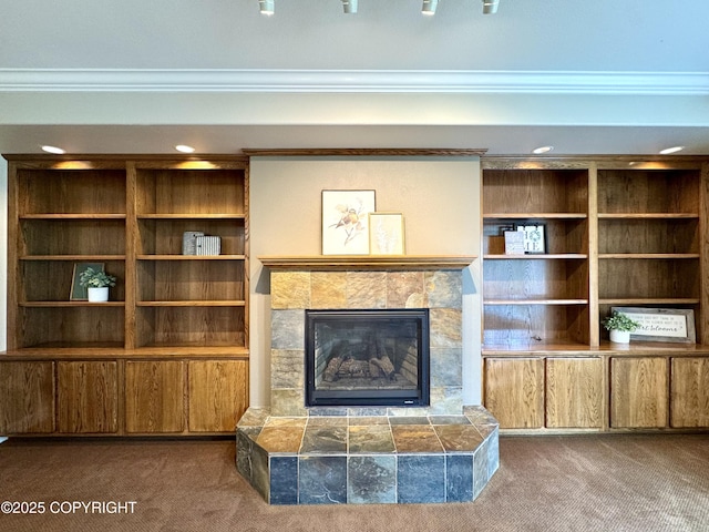 1103 Inlet Woods Dr, Kenai, AK 99611 - unfurnished living room with carpet floors, ornamental molding, a fireplace, and recessed lighting