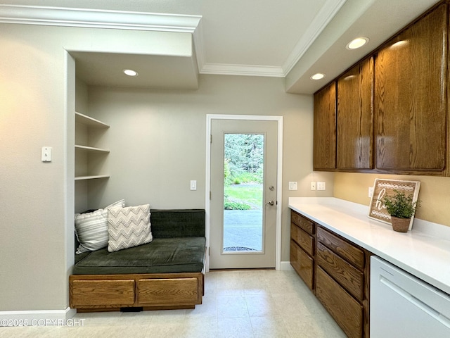 1103 Inlet Woods Dr, Kenai, AK 99611 - kitchen with crown molding, dishwasher, light countertops, and recessed lighting