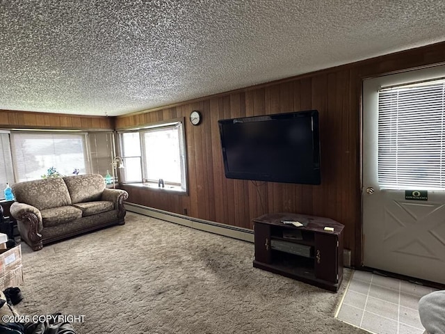 339 Cassiar St, Wrangell, AK 99929 - living area featuring a textured ceiling, a baseboard radiator, light colored carpet, and wooden walls