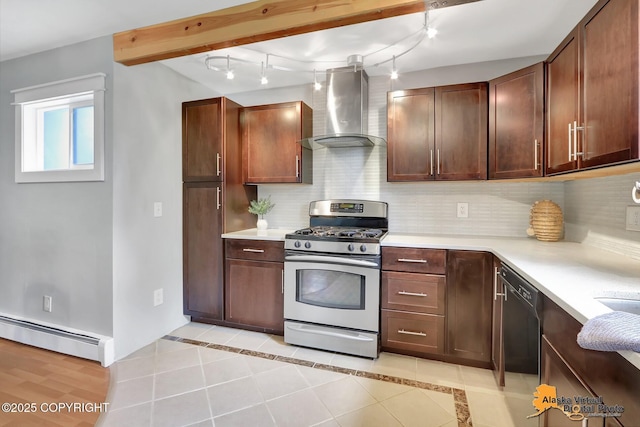 3306 E 19th Ct, Anchorage, AK 99508 - kitchen featuring wall chimney range hood, stainless steel range with gas stovetop, a baseboard heating unit, dishwasher, and light countertops