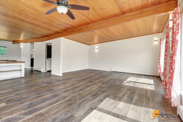 1915 Stanford Dr, Anchorage, AK 99508 - unfurnished living room featuring a wood ceiling with exposed beams, ceiling fan, dark wood-style flooring, a baseboard heating unit, and a baseboard radiator