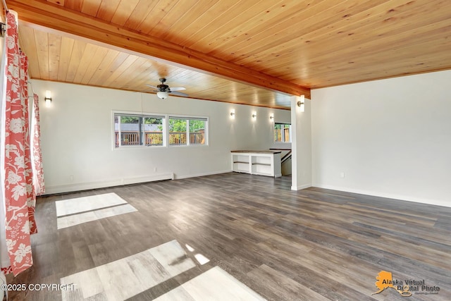 1915 Stanford Dr, Anchorage, AK 99508 - unfurnished living room featuring baseboard heating, ceiling fan, a wood ceiling with exposed beams, and wood finished floors