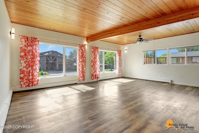 1915 Stanford Dr, Anchorage, AK 99508 - spare room featuring wood finished floors, ceiling fan, a wooden ceiling with exposed beams, and a baseboard radiator