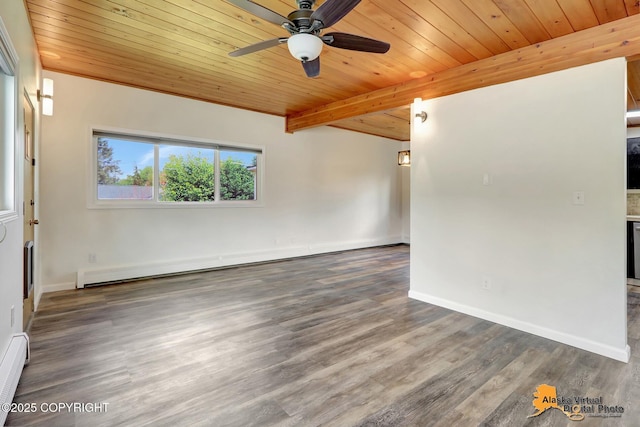 1915 Stanford Dr, Anchorage, AK 99508 - empty room with a wooden ceiling with exposed beams, ceiling fan, wood finished floors, and a baseboard heating unit