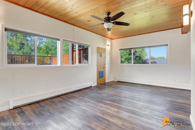 1915 Stanford Dr, Anchorage, AK 99508 - unfurnished room with baseboard heating, wooden ceiling, a baseboard radiator, wood finished floors, and ceiling fan
