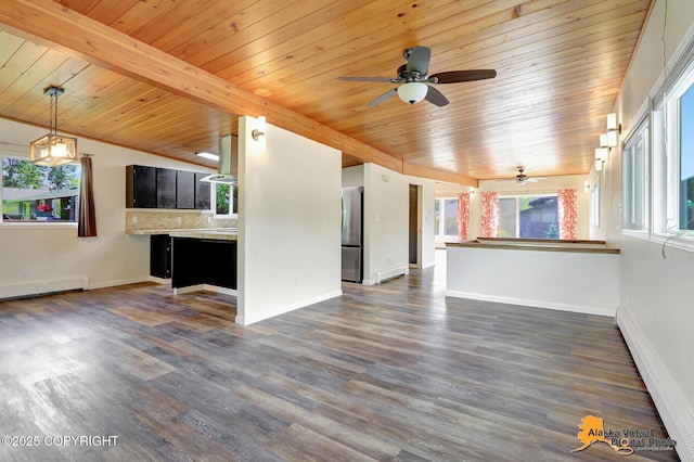 1915 Stanford Dr, Anchorage, AK 99508 - unfurnished living room featuring baseboard heating, wood ceiling, ceiling fan, and healthy amount of natural light