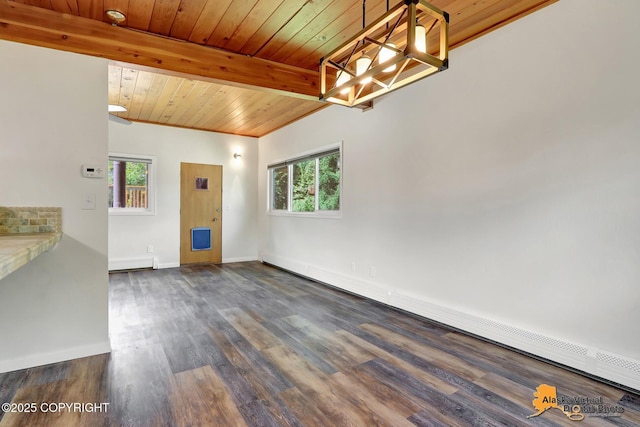 1915 Stanford Dr, Anchorage, AK 99508 - spare room featuring a wooden ceiling with exposed beams, dark wood-style flooring, baseboard heating, and a chandelier