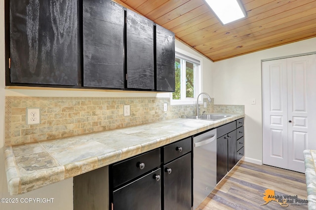 1915 Stanford Dr, Anchorage, AK 99508 - kitchen featuring dishwasher, light wood finished floors, wood ceiling, backsplash, and lofted ceiling