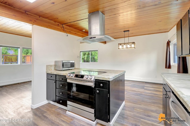1915 Stanford Dr, Anchorage, AK 99508 - kitchen with appliances with stainless steel finishes, island range hood, wood ceiling, dark cabinets, and dark wood-style flooring
