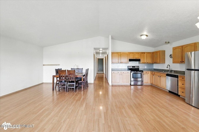 46640 Jo Ave, Kenai, AK 99611 - kitchen featuring appliances with stainless steel finishes, under cabinet range hood, lofted ceiling, light wood-style floors, and dark countertops